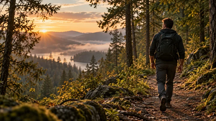 A father walks a quiet forest path in warm morning light