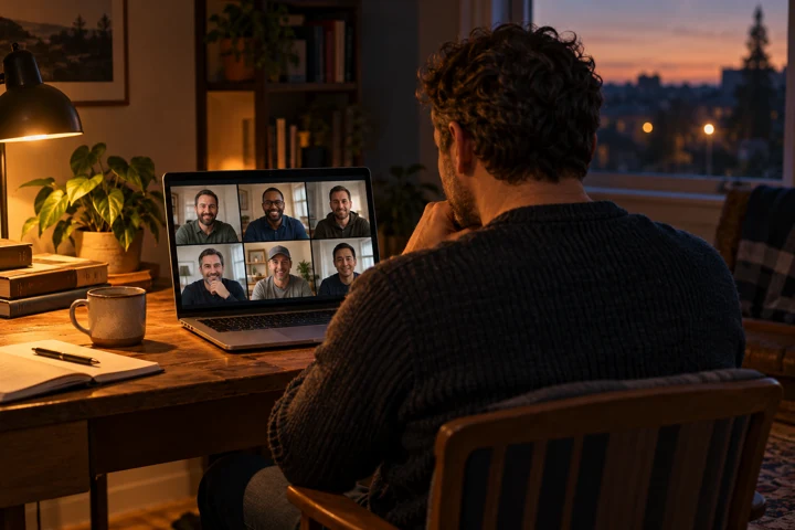 Father joining an online father circle from home