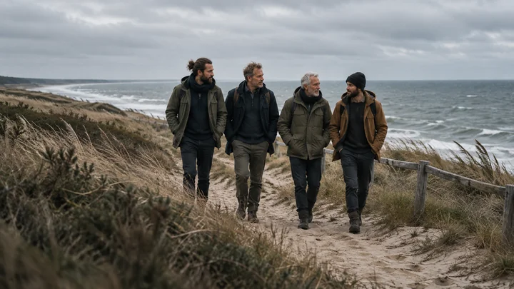 Illustrative coastal scene: men talking on a dune path